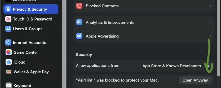 macOS System Settings Privacy and Security Open Anyway PairHint