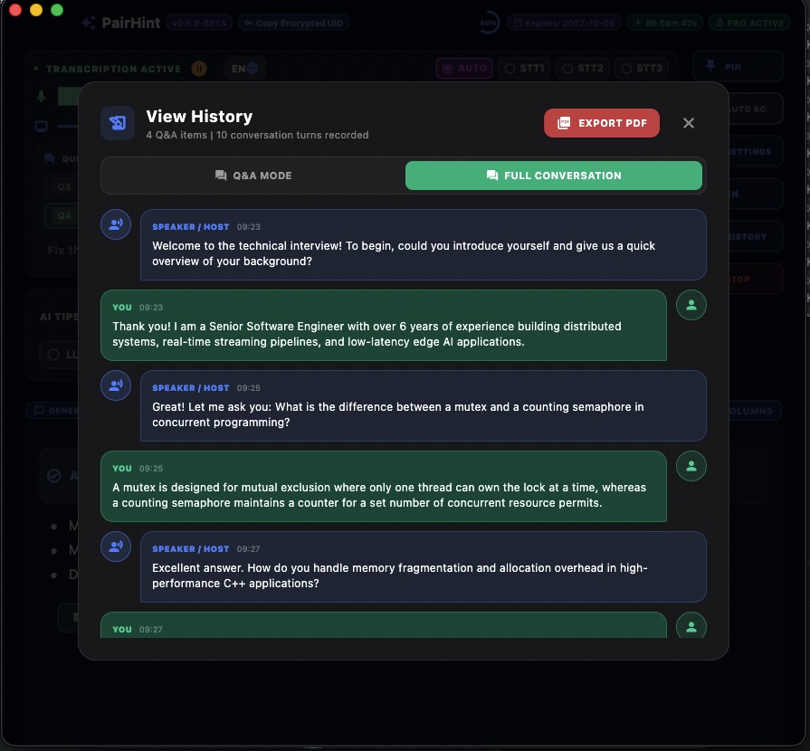 PairHint Full Conversation Transcript View